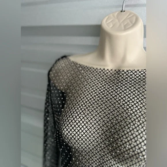 Mesh Black Sequin Long Sleeve Festival Top One Size - Picture 8 of 11